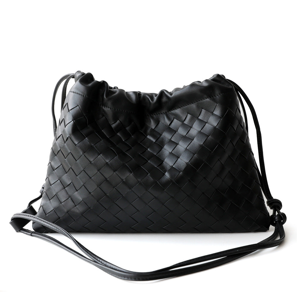 Sheepskin Woven Dumpling Drawstring Bag for Women Genuine Leather Underarm Shoulder Crossbody Handbag, Versatile Purse with Soft Textured Design