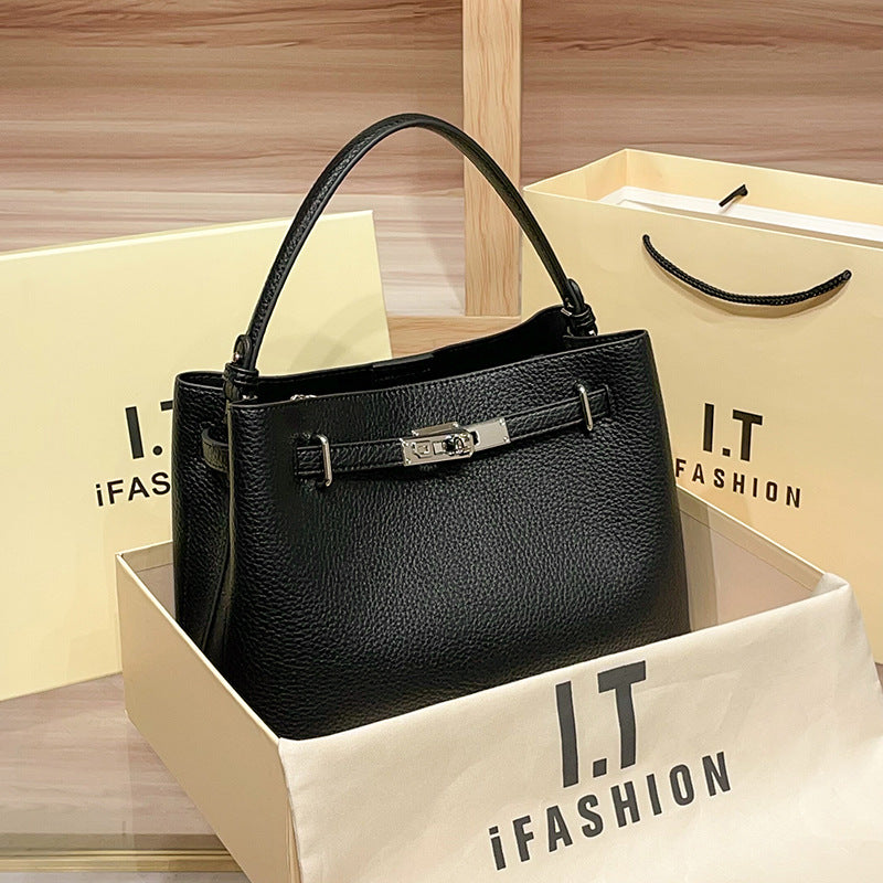 Genuine Leather Kelly-Style Bag for Women, New Early Spring Fashionable Shoulder Crossbody Top Handle Purse, Versatile Trendy Commute Handbag, Light Luxury for Ladies