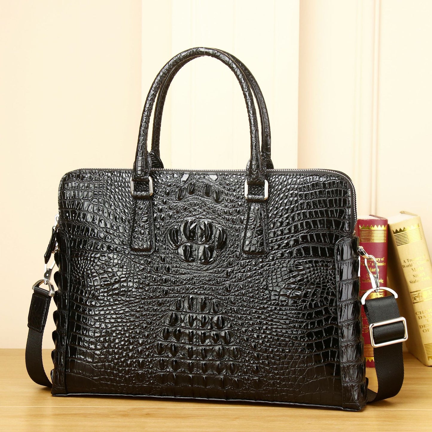 New Arrival Croc-Effect Double-Zip Business Briefcase for Men, A High-End Top-Handle Bag with Light Luxury Sophisticated Design, Perfect for Work & Travel