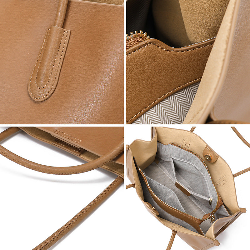 Genuine Leather Niche Tote Bag for Women Large Capacity Commuter Cowhide Shoulder Handbag, Premium Versatile Purse with Understated Elegance