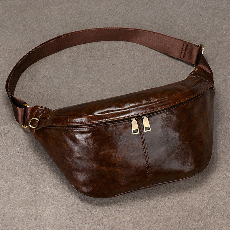 Oil Leather Chest Crossbody Bag for Men, Multifunctional Casual Outdoor Shoulder Pouch, Genuine Cowhide Pack