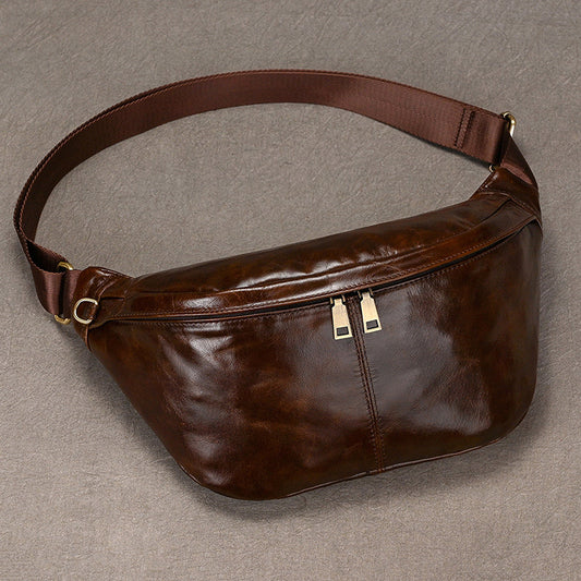Oil Leather Chest Crossbody Bag for Men, Multifunctional Casual Outdoor Shoulder Pouch, Genuine Cowhide Pack