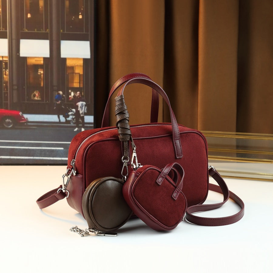 Suede Boston Tote Bag Set for Women Shoulder Crossbody Handbag with Detachable Sub-Bag, Niche Versatile Purse with Soft Texture