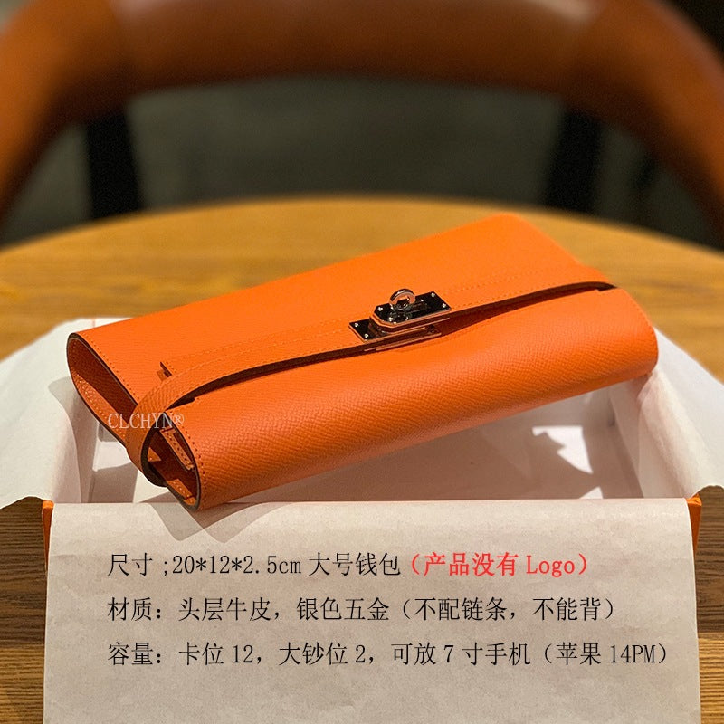 Genuine Togo Leather Long Wallet Clutch for Women, Hermès-Inspired Kelly-Style Money Holder, Premium Epsom Leather Phone Bag for Ladies