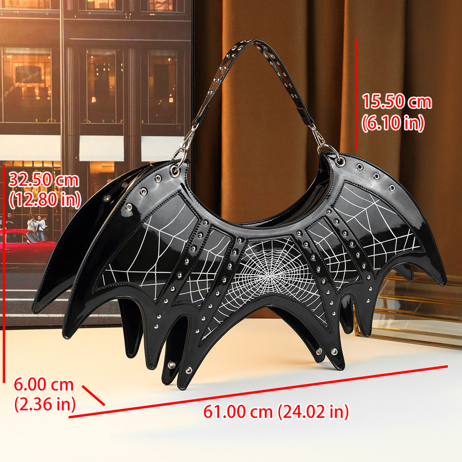 Mirror Bat Wing Bag for Women Halloween Skull Rivet Handbag, Gothic Mirror Metallic Shoulder Crossbody Purse with Unique Bat-Shaped Silhouette
