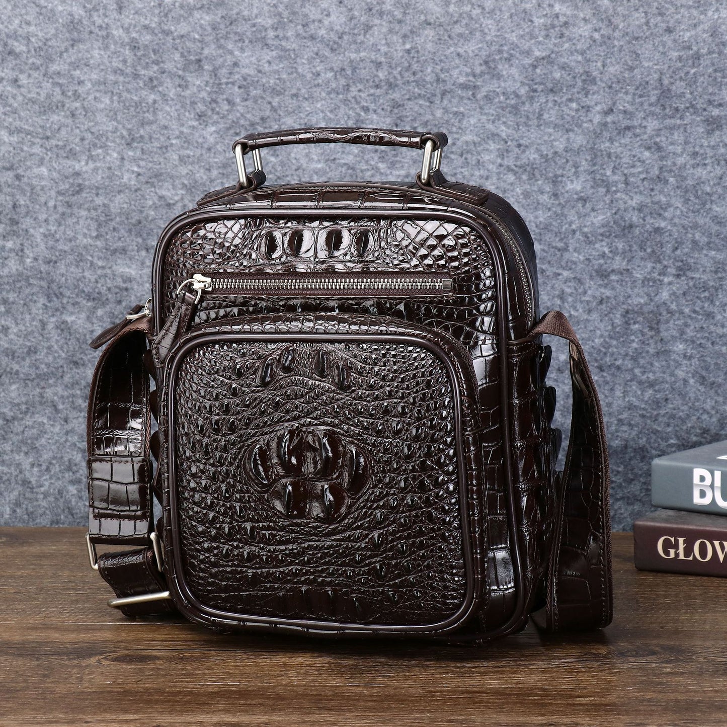 New Arrival Croc-Effect Men's Multi-Functional Backpack, A Large Capacity Fashionable Outdoor Top-Handle Crossbody Shoulder Bag with Trendy Design
