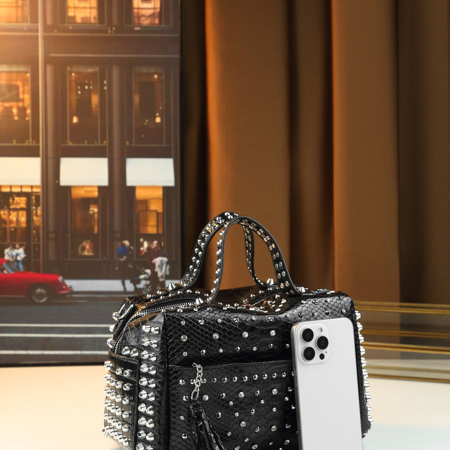 Leopard Print Studded Pillow Bag for Women Large Capacity Shoulder Crossbody Handbag, Wild Style Purse with Edgy Hardware Accents