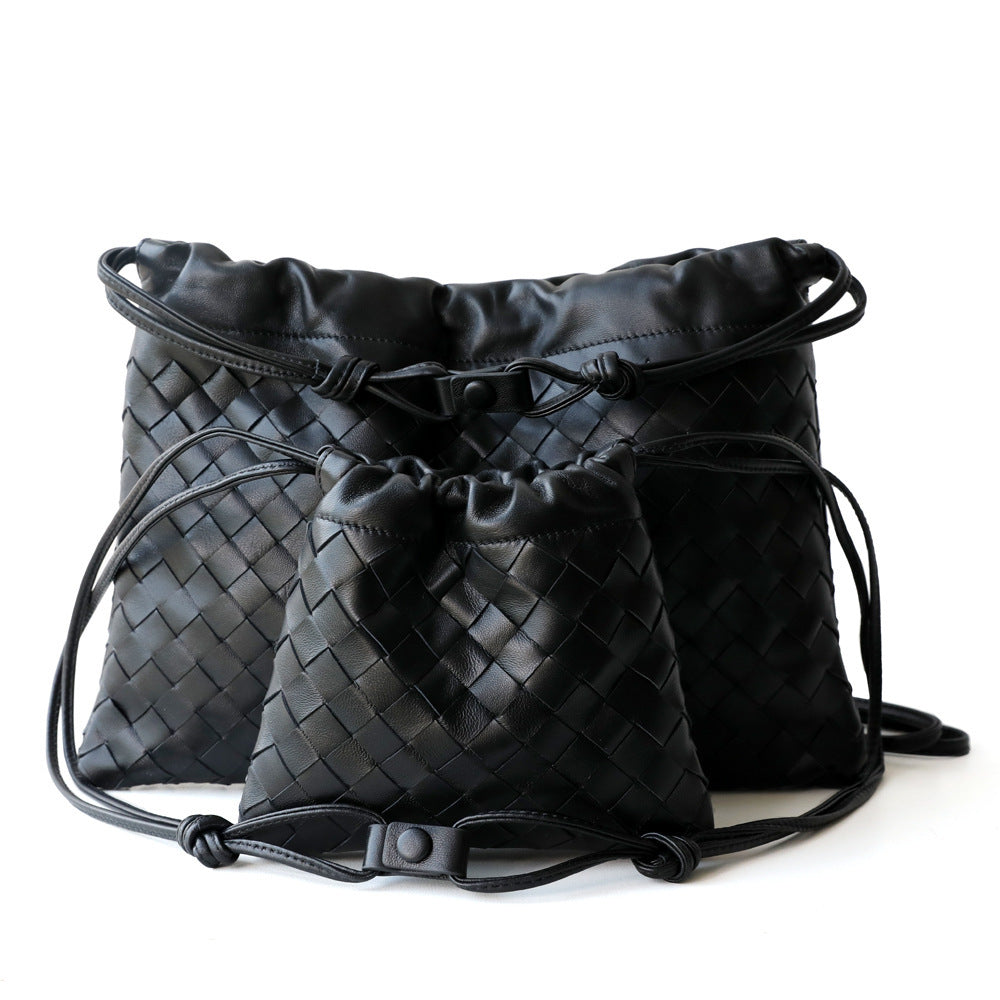 Sheepskin Woven Dumpling Drawstring Bag for Women Genuine Leather Underarm Shoulder Crossbody Handbag, Versatile Purse with Soft Textured Design