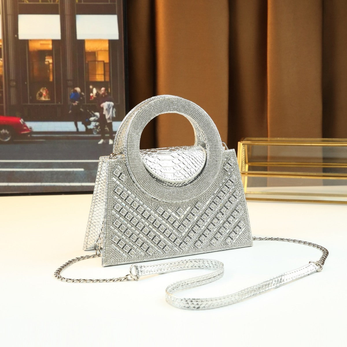 V-Shape Rhinestone Mini Square Bag for Women Evening Party Shoulder Crossbody Handbag, Sparkly Purse with Statement Large Ring Handle