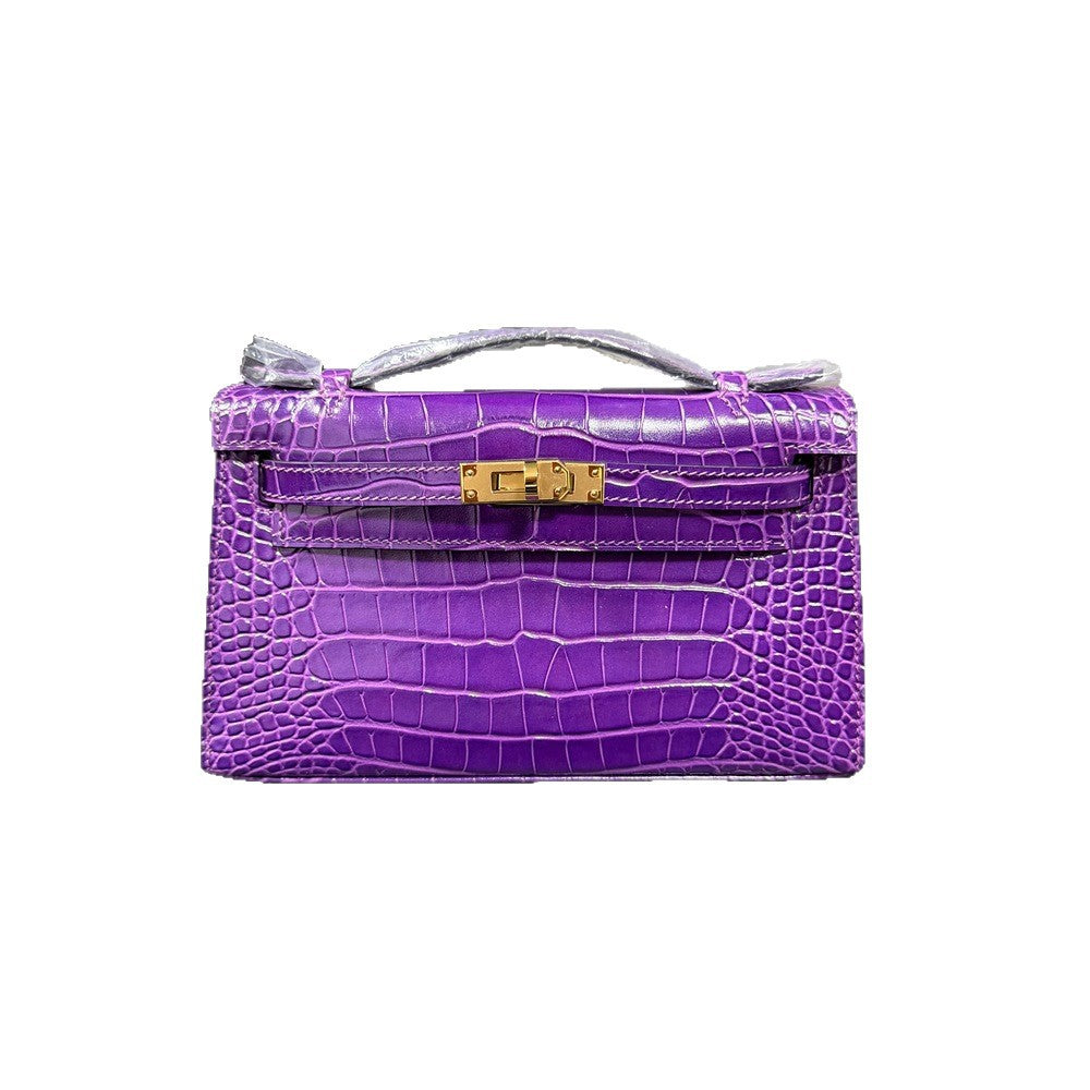 Genuine Top Layer Cowhide Crocodile-Embossed Kelly-Style 22cm Bag for Women, Hand-Stitched Waxed Thread with Full Steel Hardware, Light Luxury Small Square Top Handle Purse for Ladies