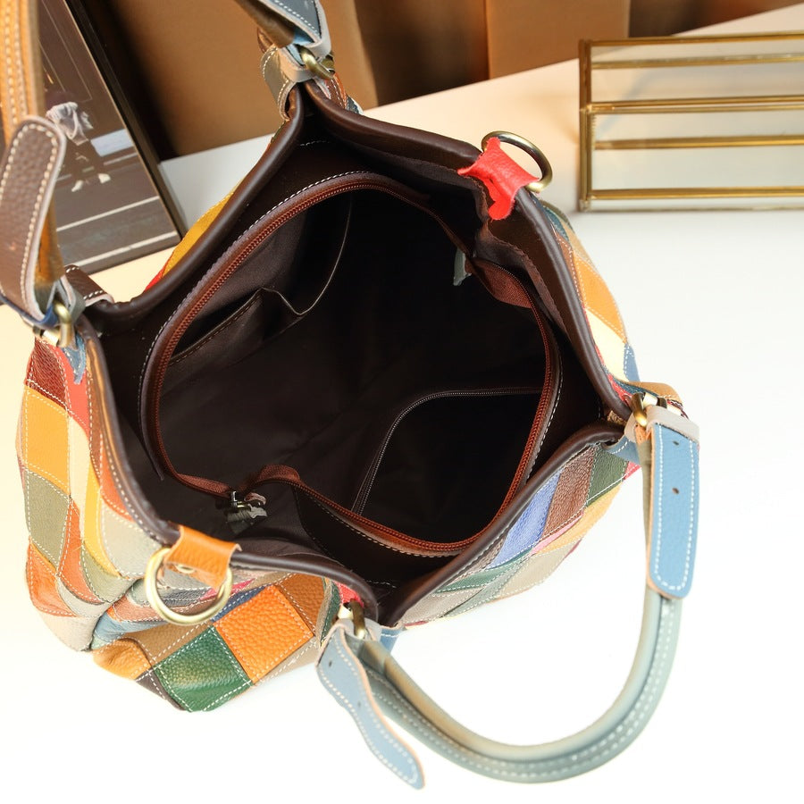 Iridescent Geometric Patchwork Tote Bag for Women Color-Block Genuine Leather Large Capacity Shoulder Crossbody Handbag with Artistic Design