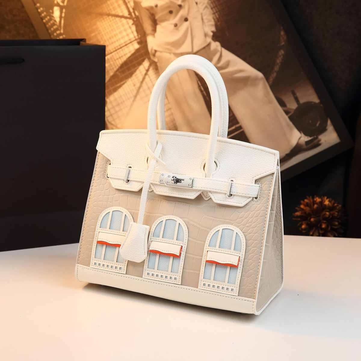Chic Croc-Embossed Birkin-Inspired Tote Bag for Women, Premium Genuine Leather Top-Handle Shoulder Crossbody Handbag with Sophisticated Elegant Design, Trendy Everyday Purse