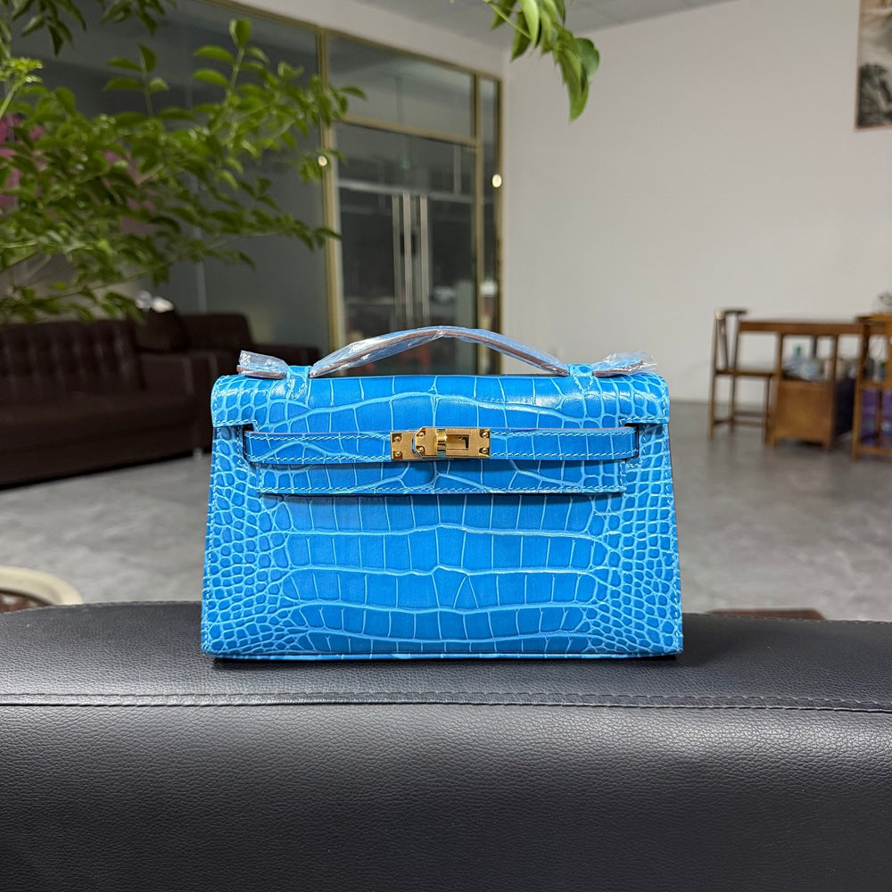 Genuine Top Layer Cowhide Crocodile-Embossed Kelly-Style 22cm Bag for Women, Hand-Stitched Waxed Thread with Full Steel Hardware, Light Luxury Small Square Top Handle Purse for Ladies