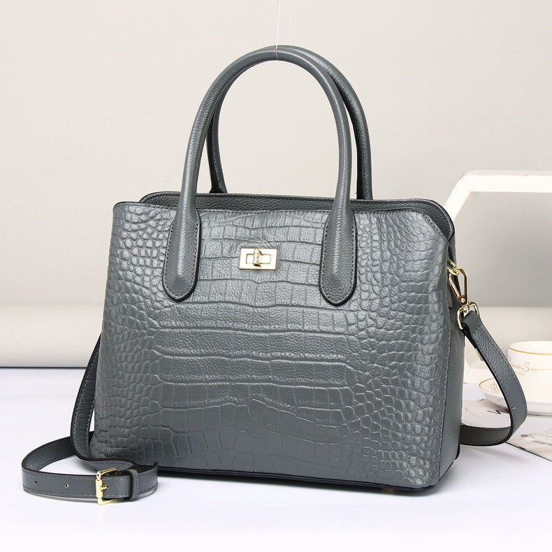 Genuine Top Layer Cowhide Crocodile-Embossed Handbag for Women, New Commute Shoulder Crossbody Top Handle Purse, Fashionable Everyday Bag 6055 for Ladies