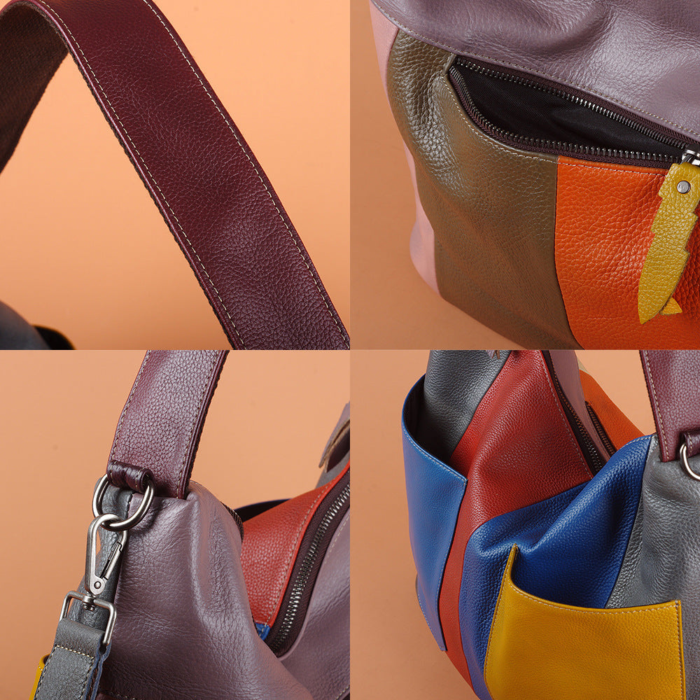 Genuine Top Layer Cowhide Colorful Patchwork Handbag for Women, Handmade Vintage Retro Crossbody Shoulder Purse, Unique Designer Leather Bag for Ladies