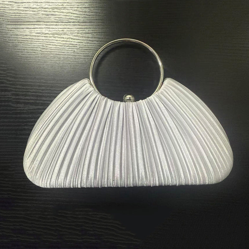 Satin Pleated Evening Clutch for Women, New Ring Top Handle Formal Gown Bag, Elegant Prom Party Handbag for Ladies