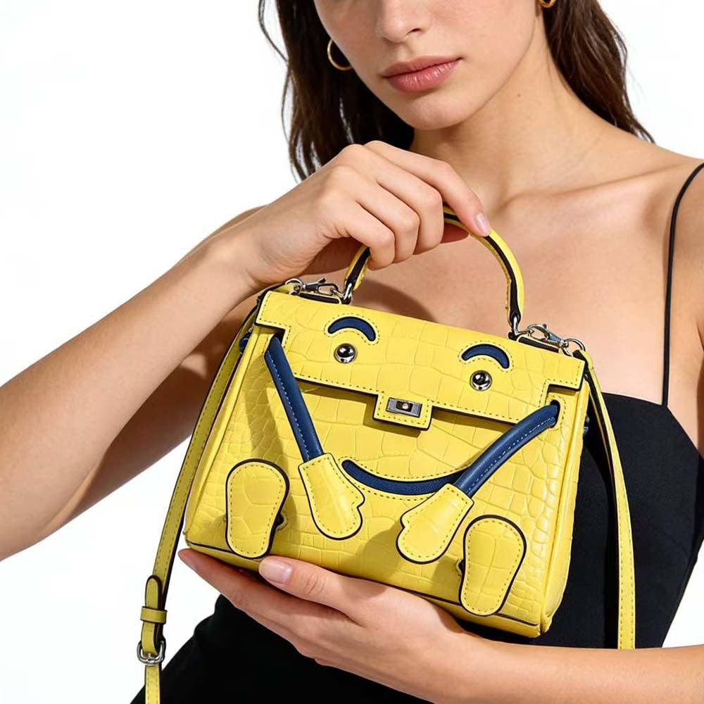 Genuine Leather Crocodile-Embossed Smiley Face Kelly-Style Bag for Women, New Millennium Doll Small Square Crossbody Shoulder Purse, Trendy Handbag for Ladies