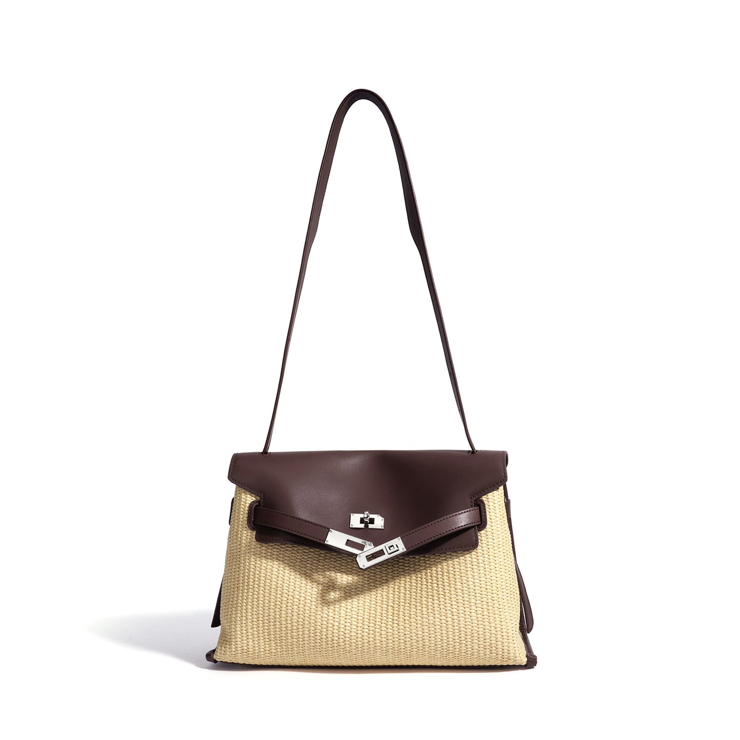 Straw Woven Kelly-Style Briefcase in Genuine Leather, Minimalist Large Capacity Shoulder Crossbody Bag, Versatile Commute Purse for Women