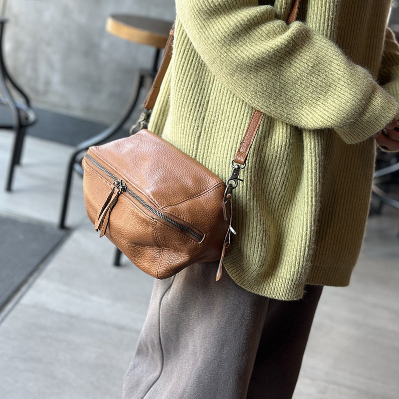 Genuine Soft Leather Vintage Crossbody Bag for Women, Spring Summer Lightweight Minimalist Shoulder Purse, Versatile Everyday Toast Style Handbag for Ladies