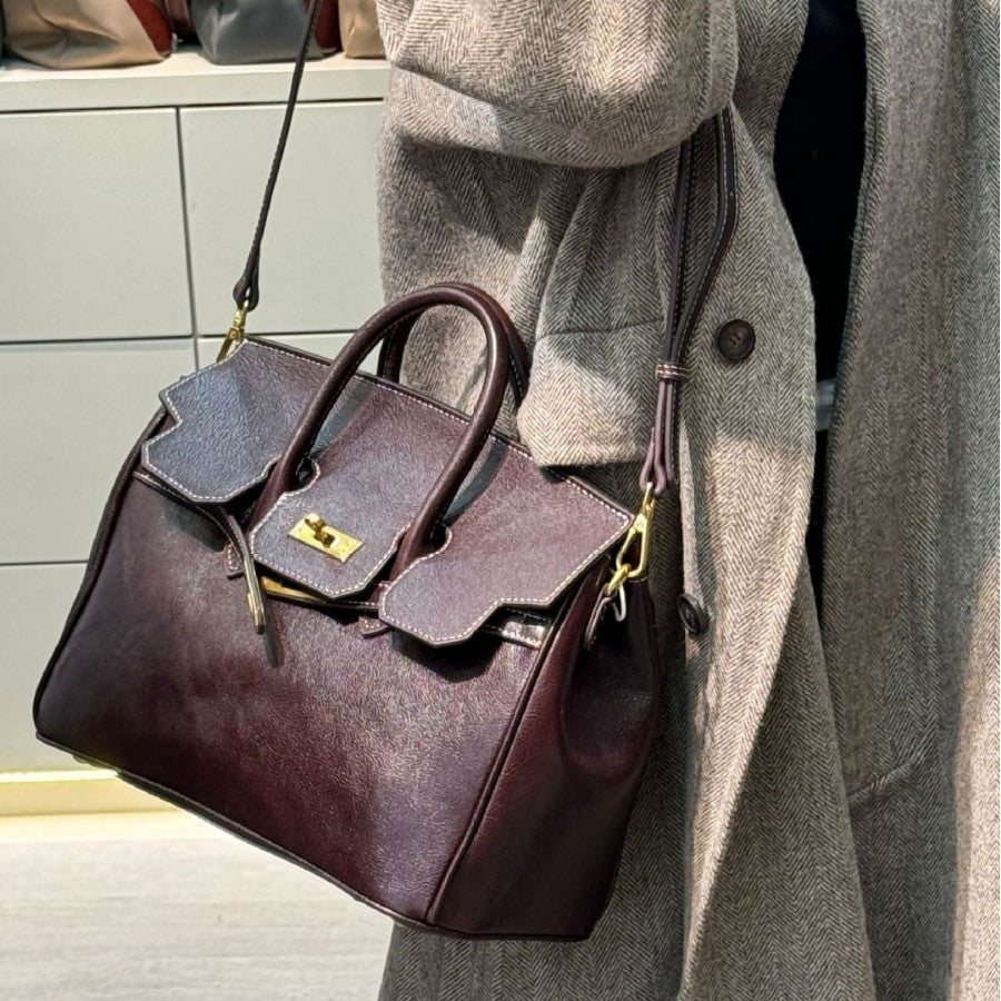 Genuine Top Layer Cowhide Vintage Kelly-Style Bag for Women, Premium Niche Designer Shoulder Crossbody Top Handle Purse, Large Capacity Handbag for Ladies