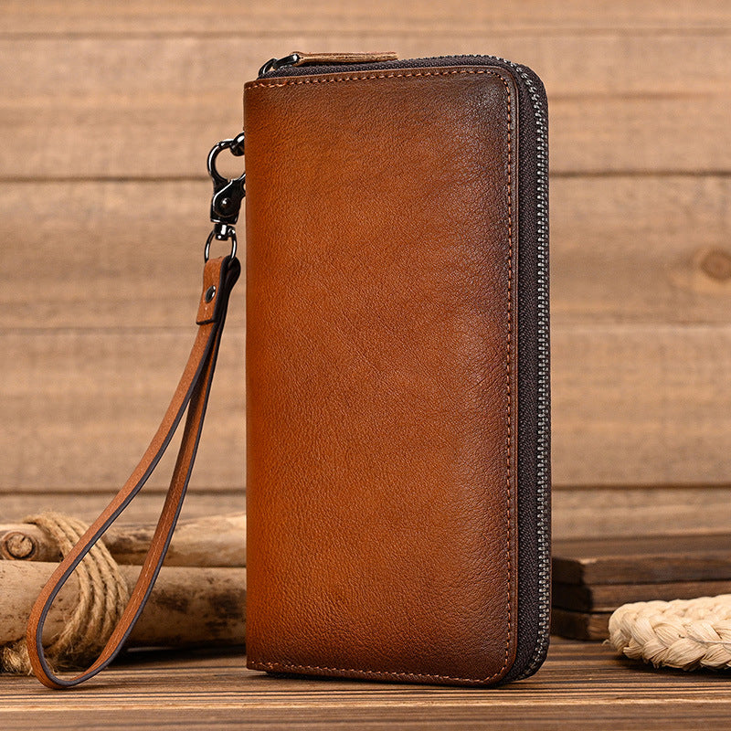 Vintage Vegetable-Tanned Leather Long Wallet, Hand-Burnished Multi-Card Clutch, Casual Phone Money Holder for Men