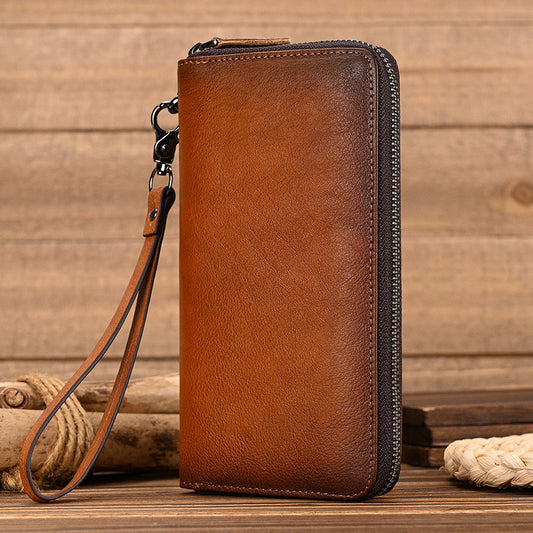 Vintage Vegetable-Tanned Leather Long Wallet, Hand-Burnished Multi-Card Clutch, Casual Phone Money Holder for Men