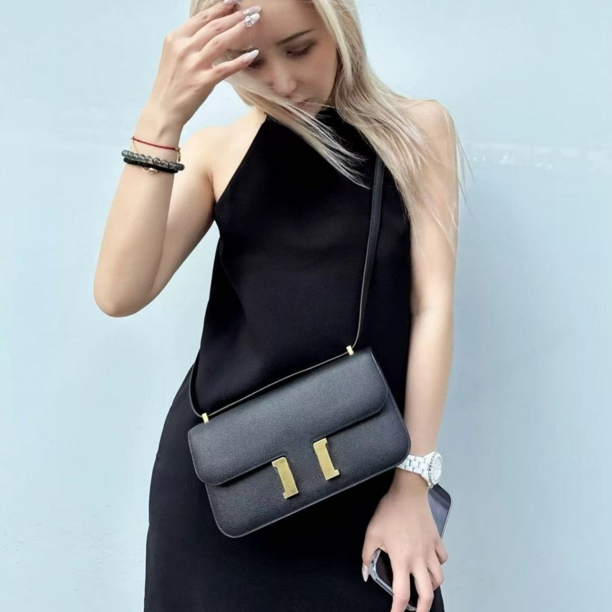 Genuine Epsom Palm Texture Cowhide Constance-Style Bag for Women, New Horizontal Flight Attendant Shoulder Crossbody Purse, Tofu-Shape Handbag for Ladies