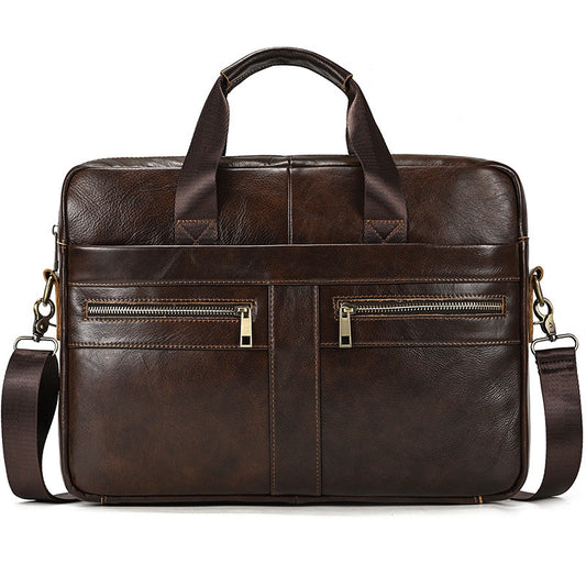 New Business Top Layer Cowhide 14-Inch Laptop Briefcase, Shoulder Crossbody Commute Bag, Premium Genuine Leather Work Bag for Men