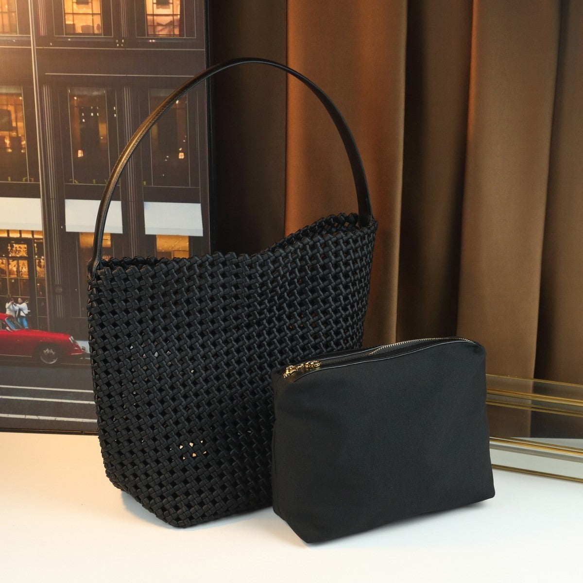Nylon Woven Bucket Tote Bag for Women with Detachable Sub-Bag, Large Capacity Shoulder Underarm Crossbody Handbag with Versatile Design