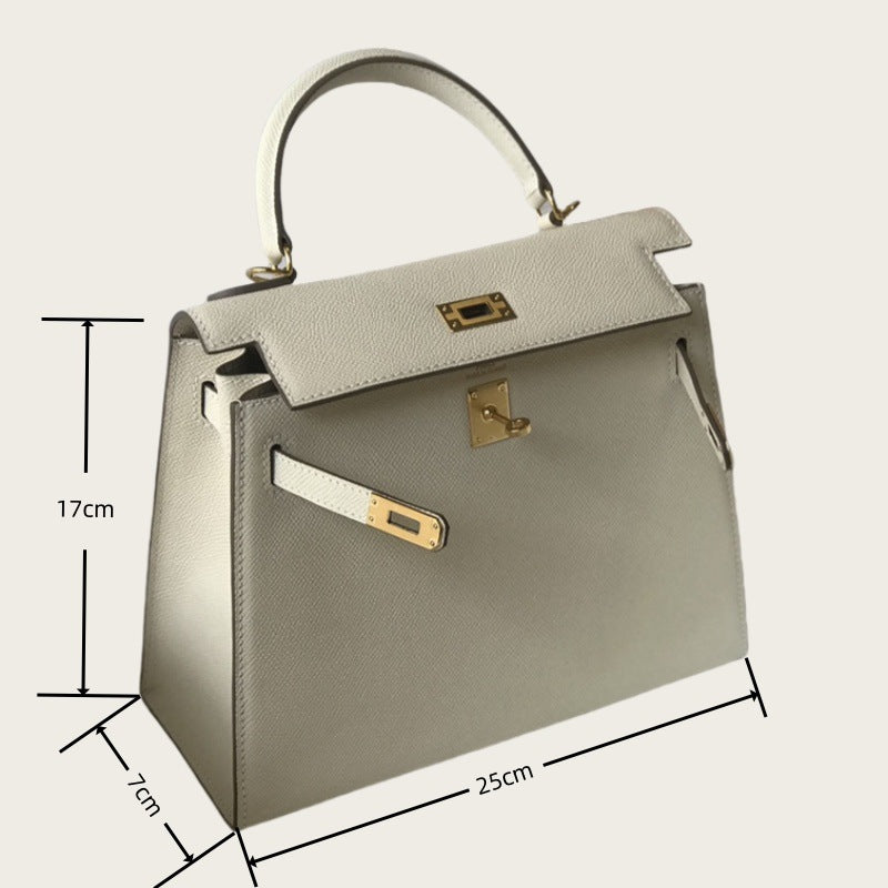 Genuine Epsom Calfskin Leather Kelly-Style 25/28 Top Handle Bag for Women, Premium Commute Handbag with Chic Fashionable Design for Ladies