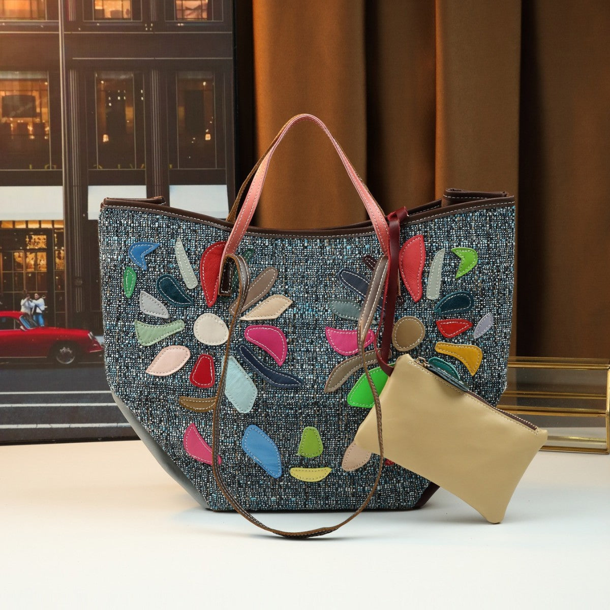 Genuine Leather Patchwork Bucket Bag for Women Irregular Design Shoulder Handbag, European Fashion Purse with Artistic Style
