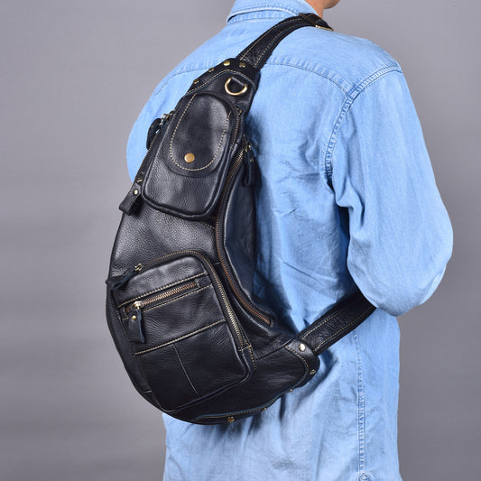 Vintage European Genuine Leather Chest Bag, Large Capacity Crossbody Waist Pack, Multifunctional Outdoor Shoulder Bag for Men