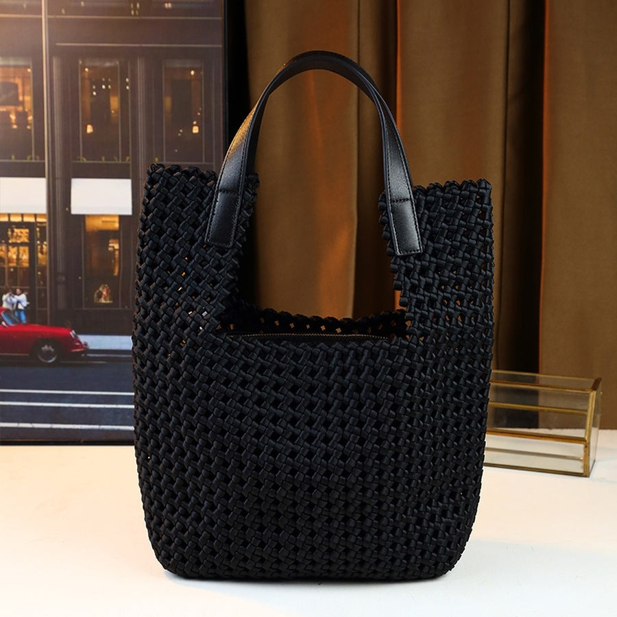 Classic Woven Basket Tote Bag for Women with Inner Pouch, Large Capacity Casual Travel Shoulder Handbag with Versatile Design