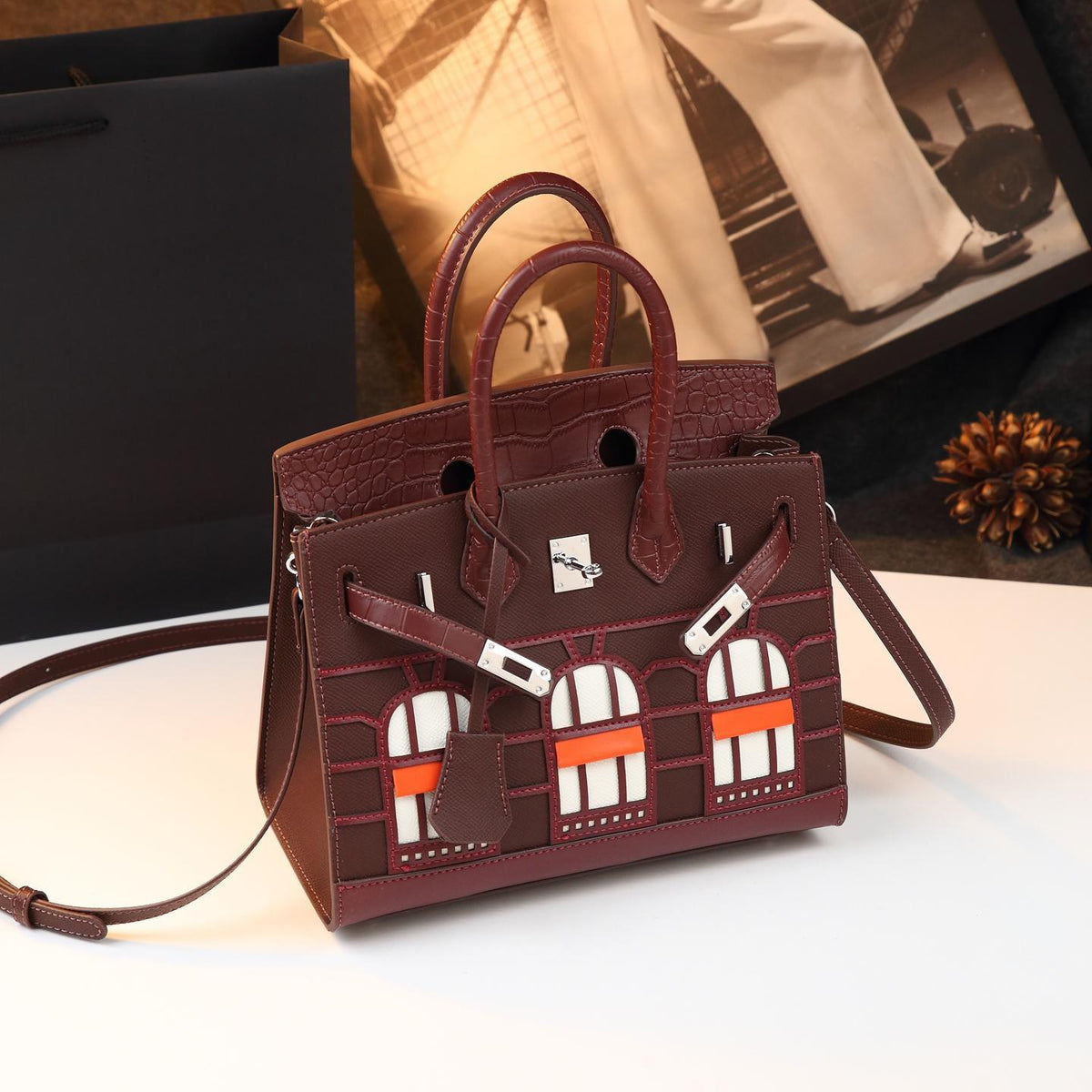 Chic Croc-Embossed Birkin-Inspired Tote Bag for Women, Premium Genuine Leather Top-Handle Shoulder Crossbody Handbag with Sophisticated Elegant Design, Trendy Everyday Purse