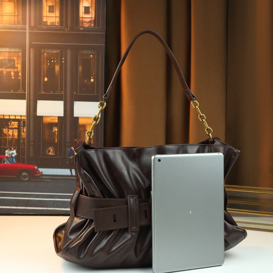 Metal Belt Buckle Pleated Cloud Bag for Women Large Capacity Shoulder Underarm Handbag, Creative Hardware Purse with Versatile Style