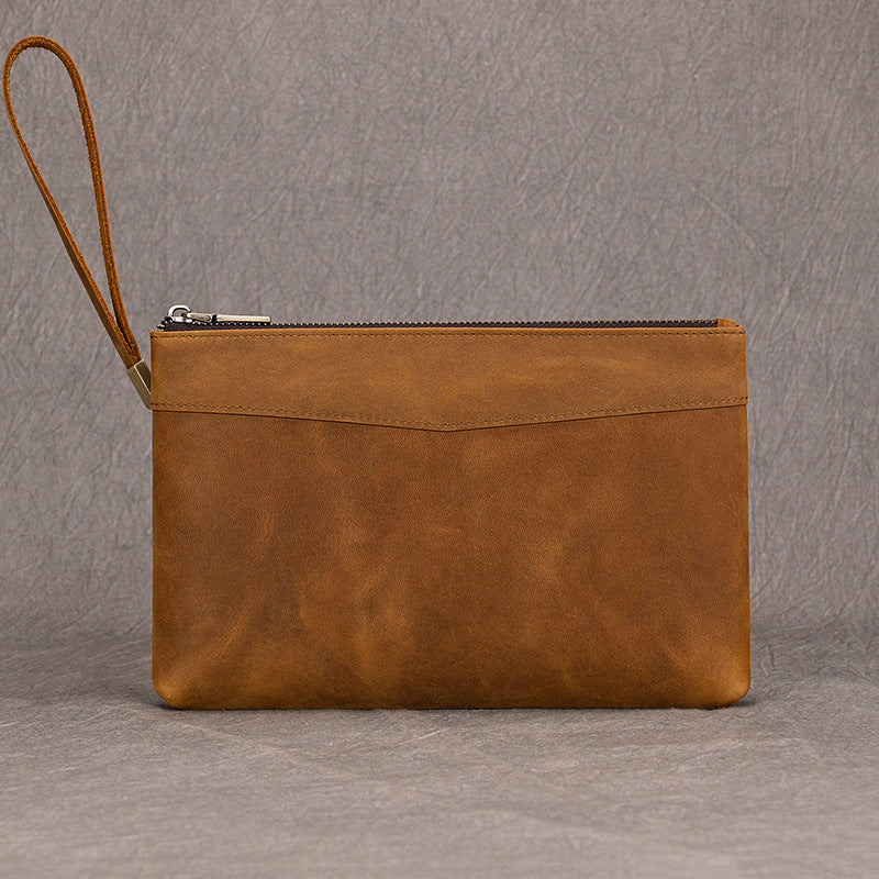 Genuine Crazy Horse Leather Long Clutch Wallet for Men, Large Capacity Vintage Business Wristlet Bag with Strap, Premium Cowhide Handbag for Gentlemen
