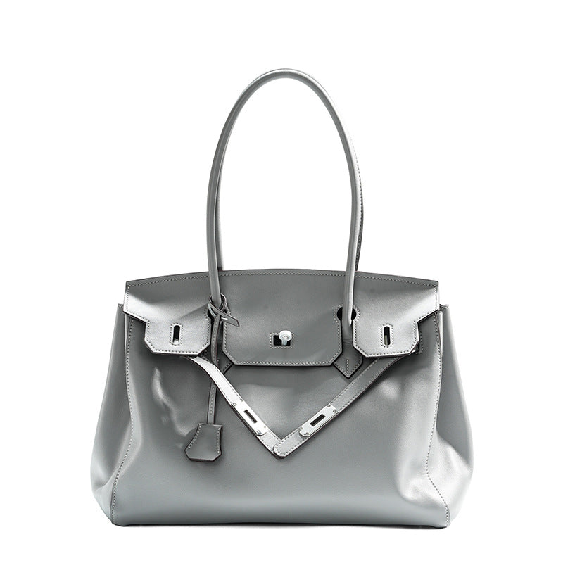 Genuine Cowhide Birkin-Style Tote Bag for Women, Niche Minimalist Design Large Capacity Top Handle Shoulder Purse, Premium Handbag for Ladies