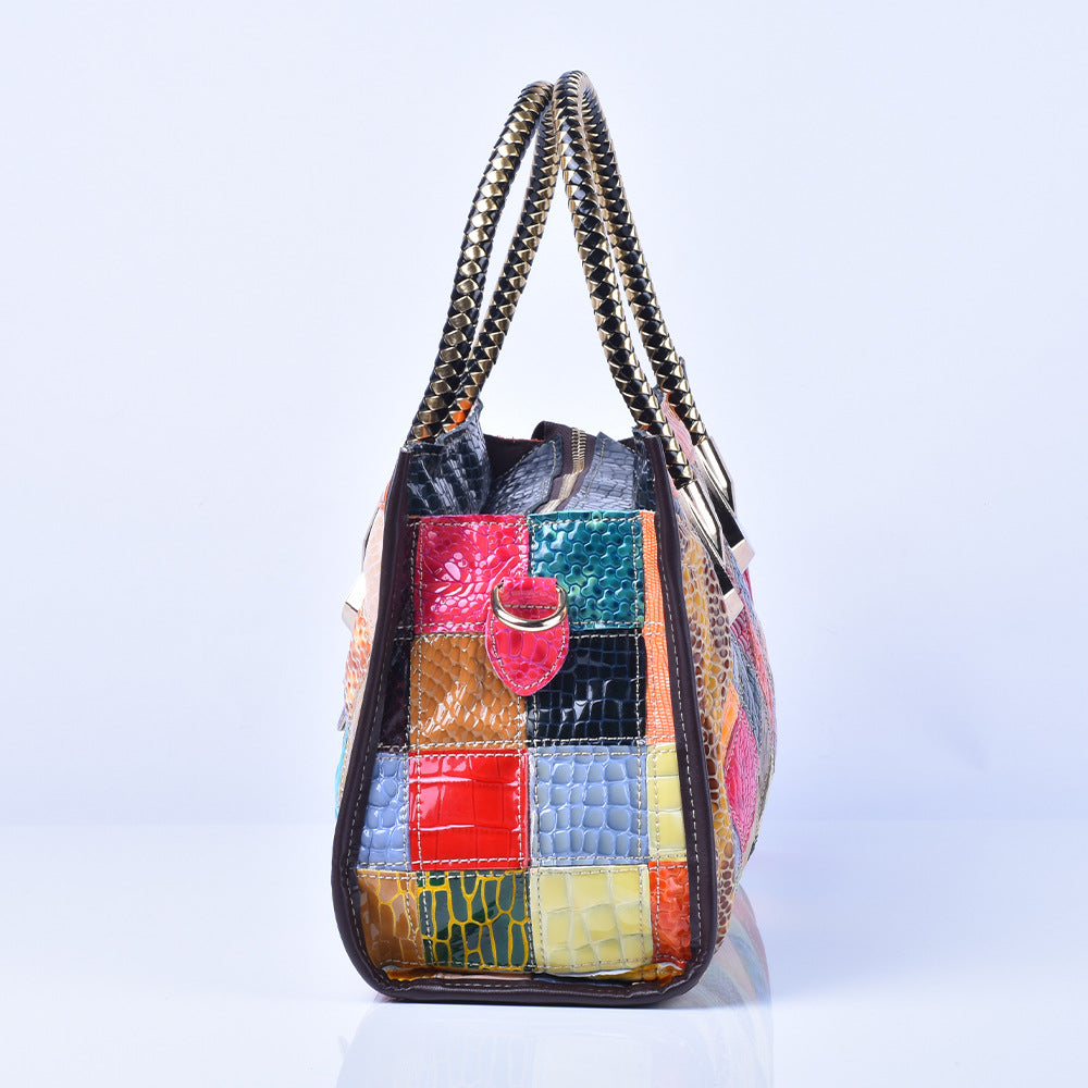 Snakeskin Patent Leather Color Block Bag, Trendy Shoulder Crossbody Purse, Cool Chic Handbag for Women