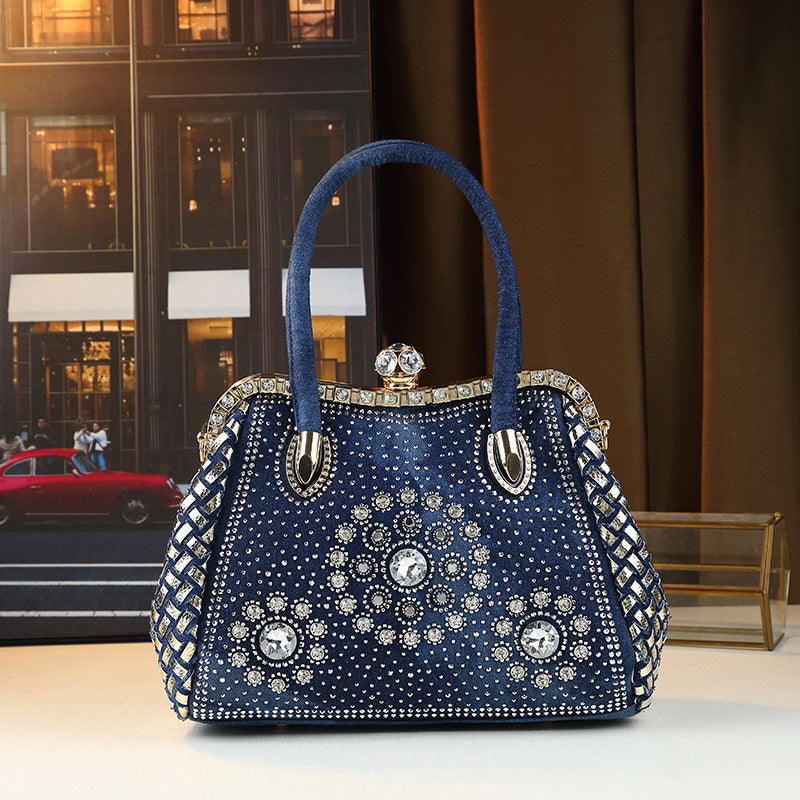 New Arrival Denim Rhinestone-Embellished Commuter Bag for Women, A Large Capacity Shoulder Crossbody Clutch with Trendy Fashionable Design