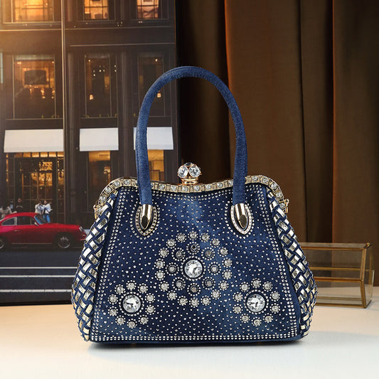 New Arrival Denim Rhinestone-Embellished Commuter Bag for Women, A Large Capacity Shoulder Crossbody Clutch with Trendy Fashionable Design