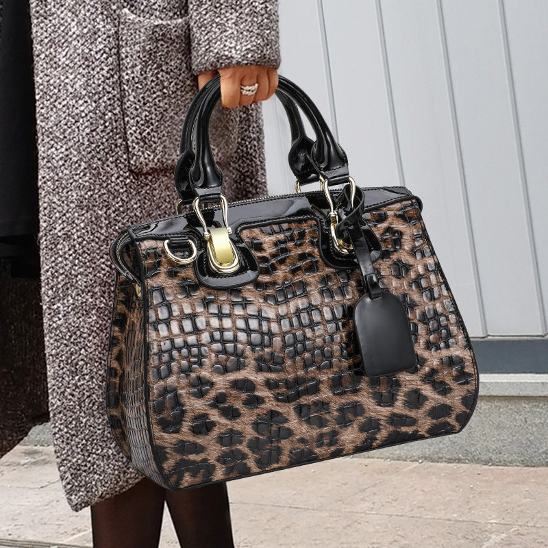 Leopard Print Structured Genuine Cowhide 3-in-1 Bag, Top Handle Shoulder Crossbody Handbag, Hard Shell Purse for Women