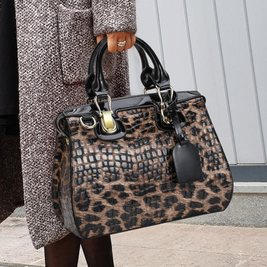 Leopard Print Structured Genuine Cowhide 3-in-1 Bag, Top Handle Shoulder Crossbody Handbag, Hard Shell Purse for Women
