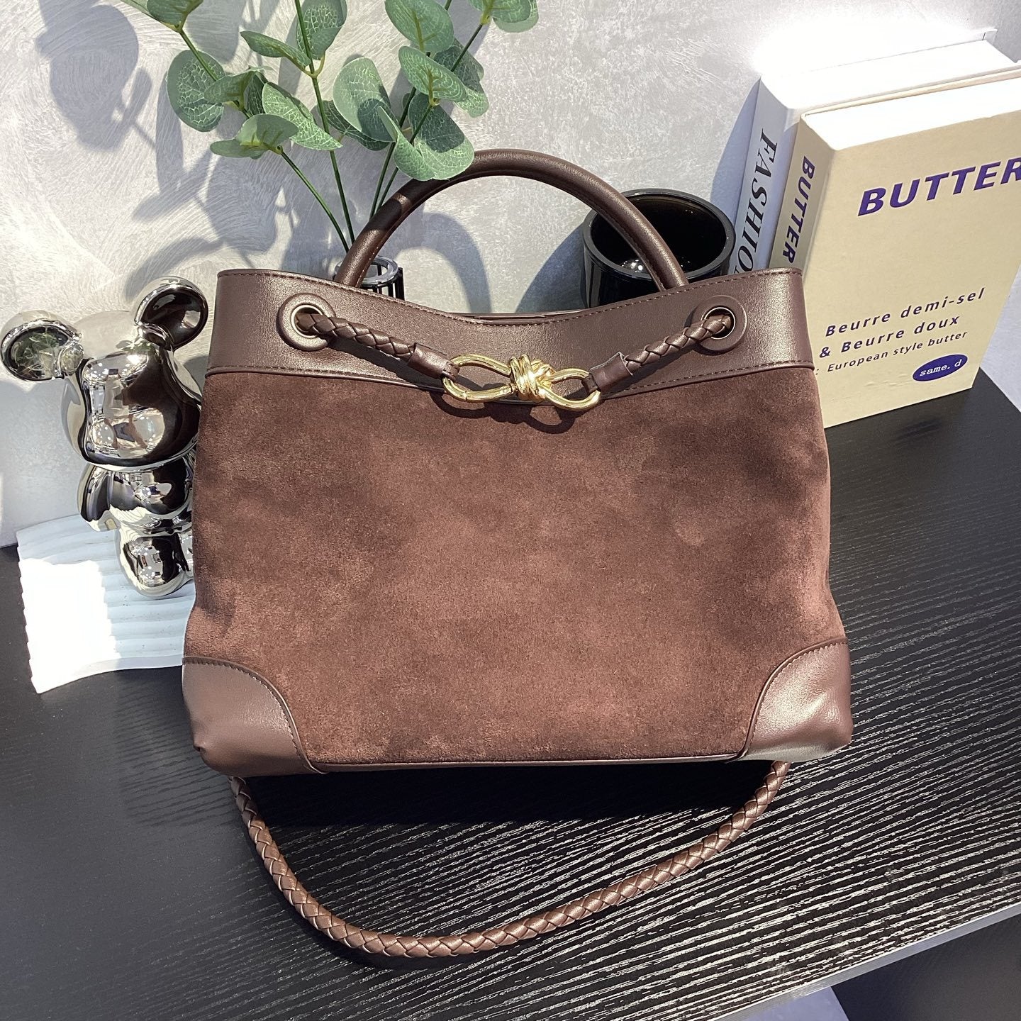 Suede Leather Woven Rope-Knot Handbag, Simple Elegant Shoulder & Crossbody Commuter Bag for Women