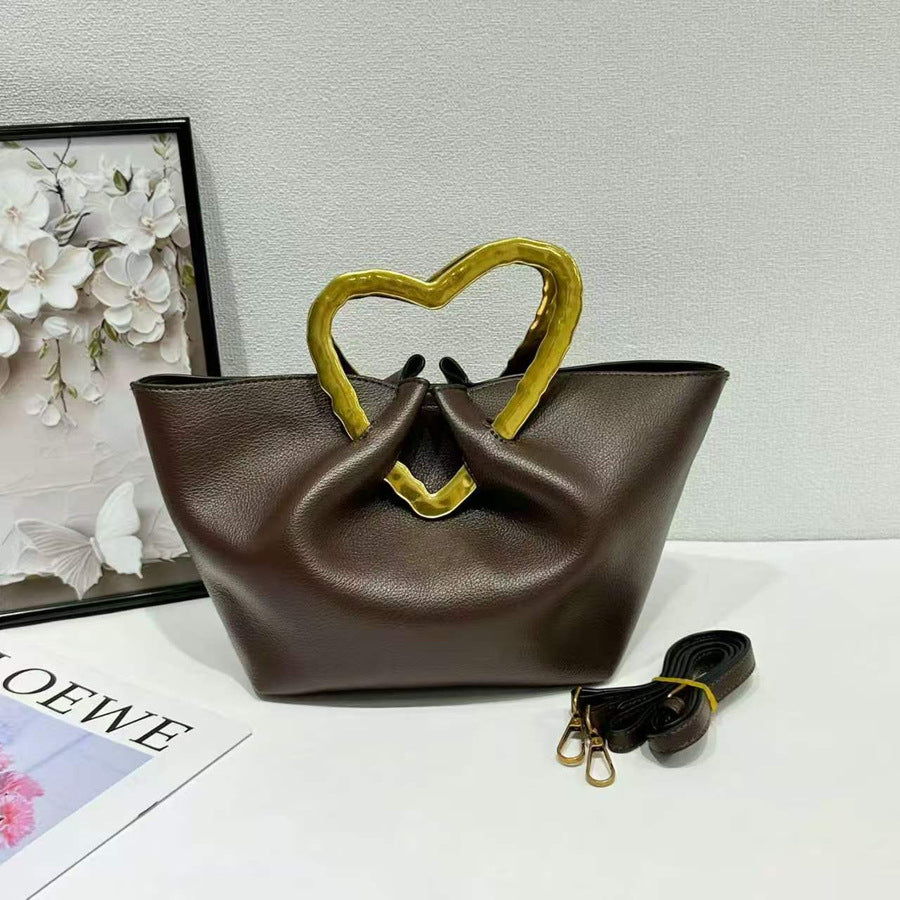 Heart Metal Handle Bucket Bag for Women Soft Leather Pleated Shoulder Crossbody Handbag, Trendy Designer Purse with Romantic Hardware Accent
