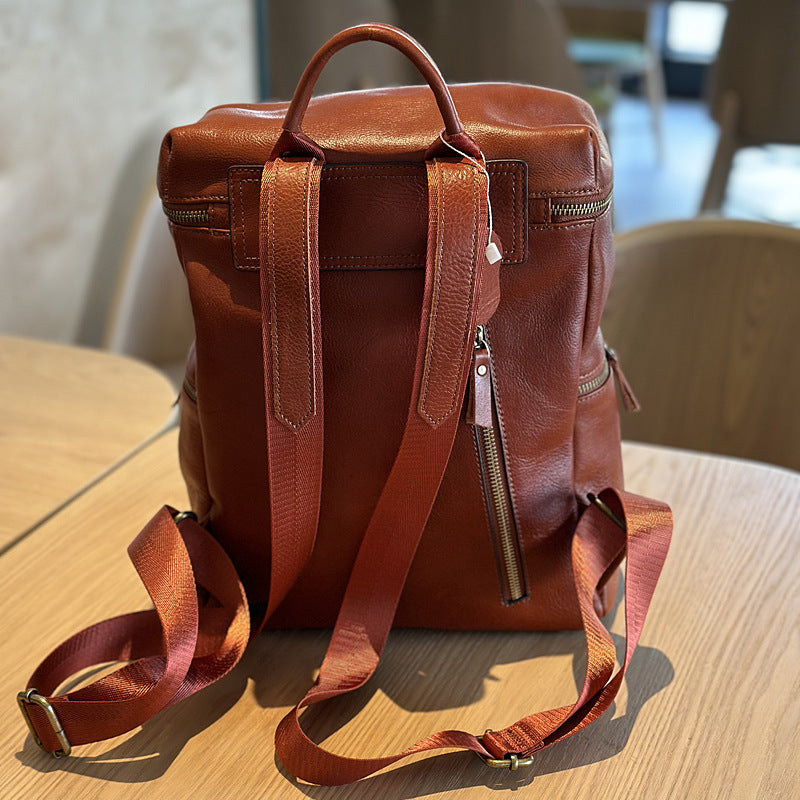Genuine Top Layer Vegetable-Tanned Cowhide Backpack for Women, Vintage Minimalist School Travel Daypack, Large Capacity Leather Bag for Ladies