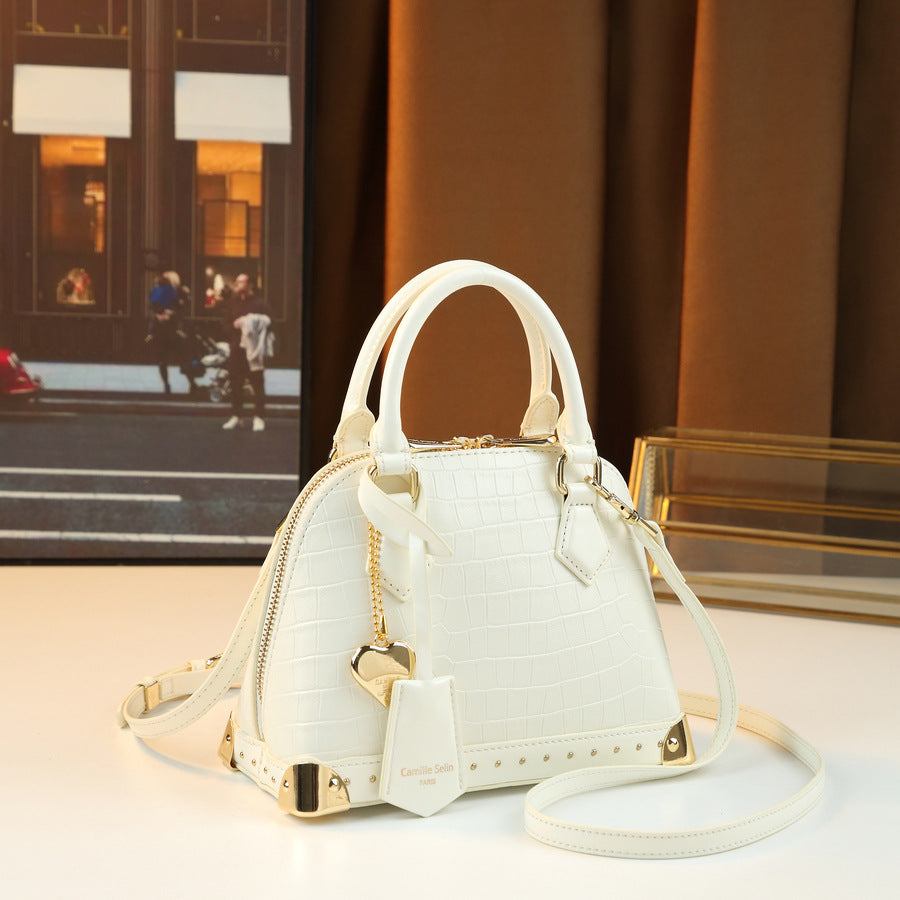 Chic French Style Croc-Effect Shell Bag for Women, A Light Luxury Structured Top-Handle Handbag with Metal Stud Details & Heart Charm, Versatile Shoulder Crossbody Purse