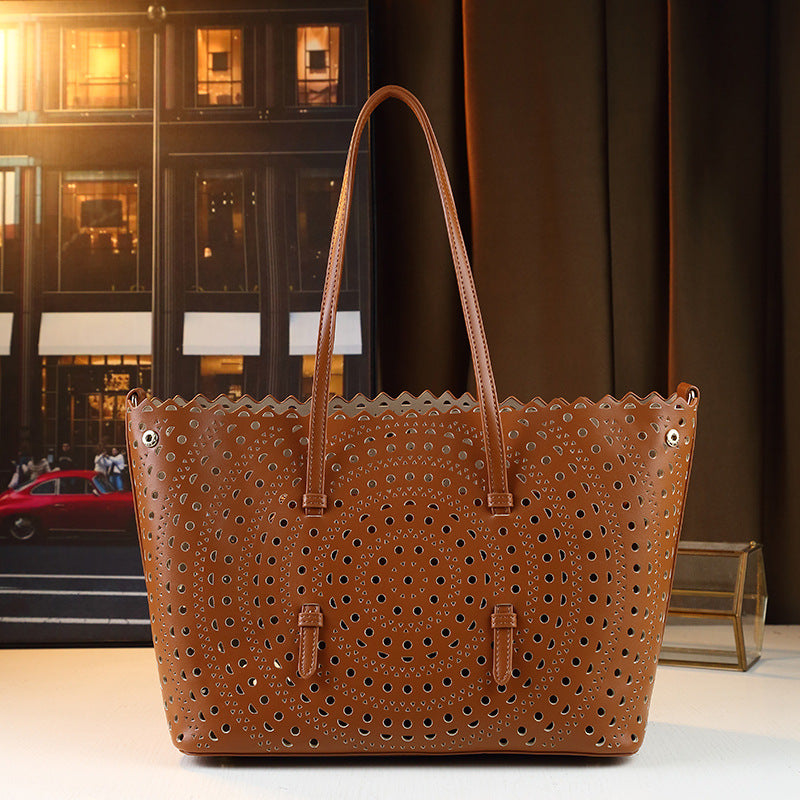 Laser Perforated Letter Tote Bag for Women Vintage Large Capacity Shoulder Crossbody Handbag, Artistic Hollow Carved Design with Versatile Style