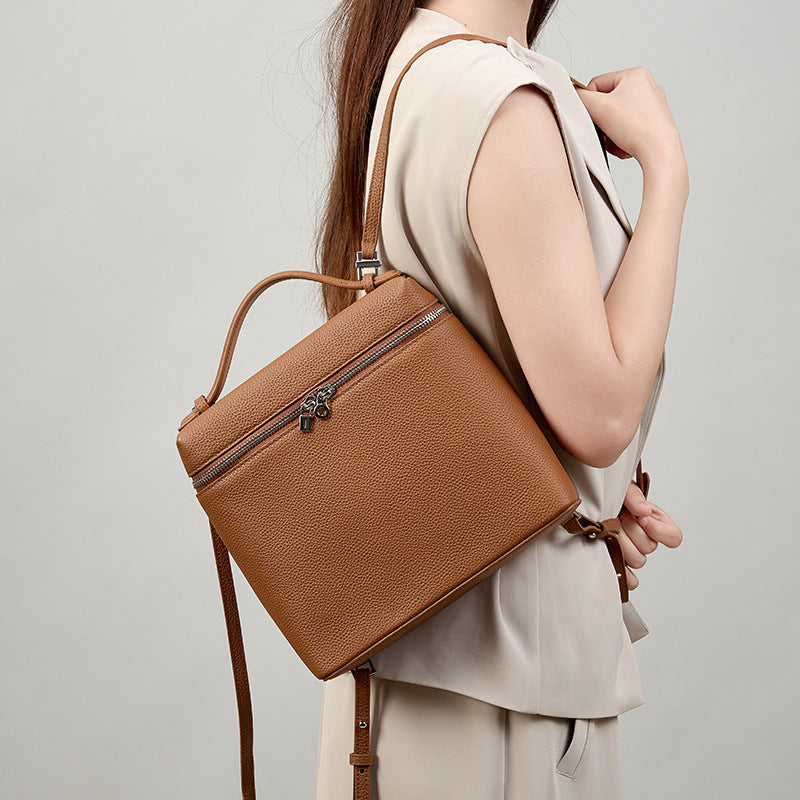 New High-Quality LP Leather Backpack, Commute Shoulder Daypack, Kelly-Style Top Handle Lunch Box Bag in Top Layer Cowhide for Women