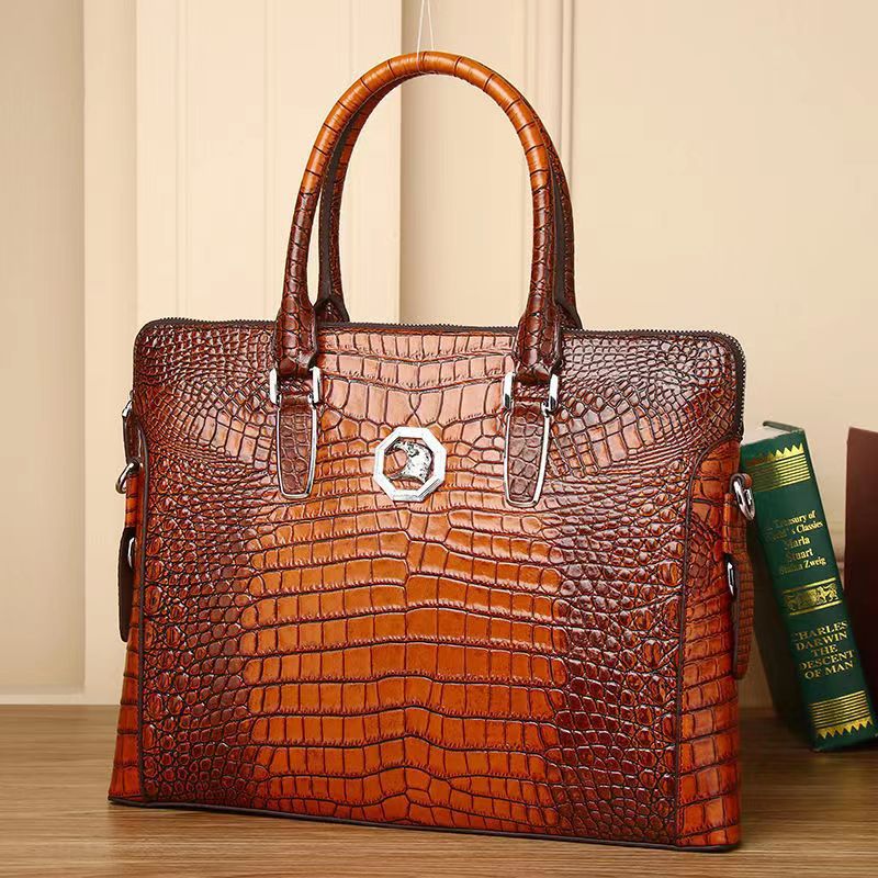 New Arrival Croc-Effect Genuine Leather Briefcase for Men, A Large Capacity Business Laptop Bag with Top Handle, Perfect for Travel & Work