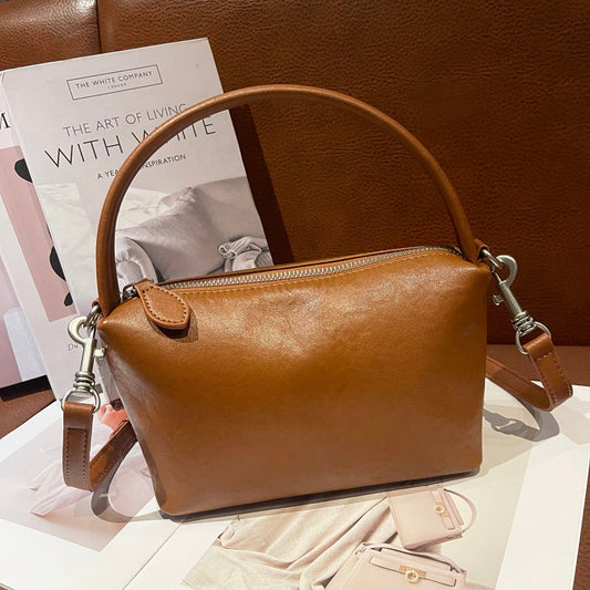 Genuine Top Layer Vegetable-Tanned Cowhide Boston Pillow Bag for Women, New Vintage Top Handle Crossbody Purse, Premium Leather Handbag for Ladies